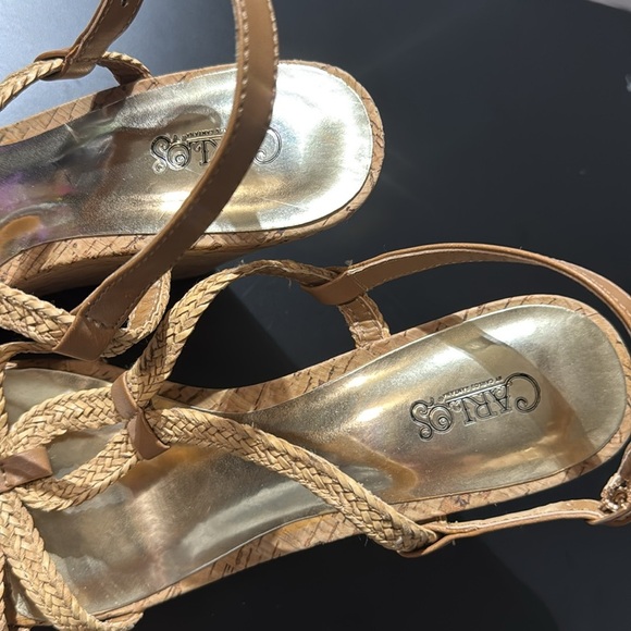 Women’s size 10M | Carlos Santana Braided cork | Tan and Gold wedges - Picture 3 of 10